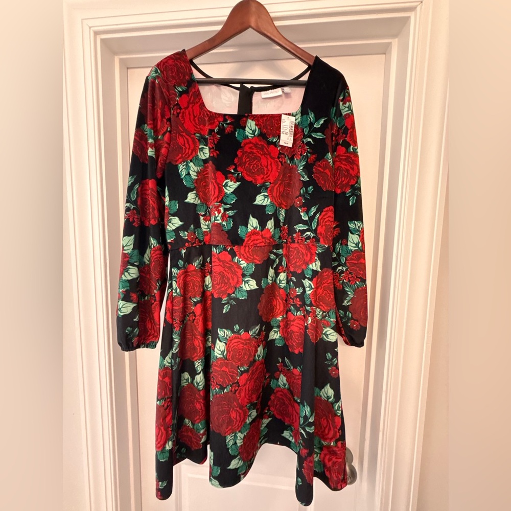 NWT Women’s The Children's Place Crushed Velvet Red and Green Floral Dress